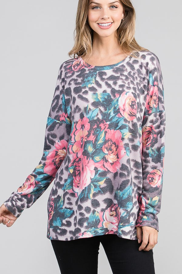 Animal And Floral Top- Grey Animal