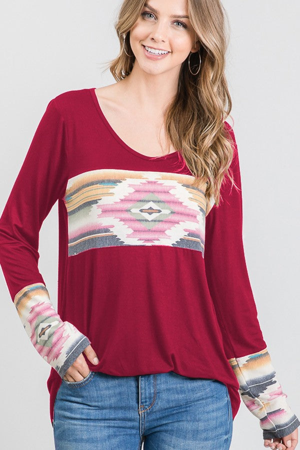 Solid And Aztec Top- Burgundy